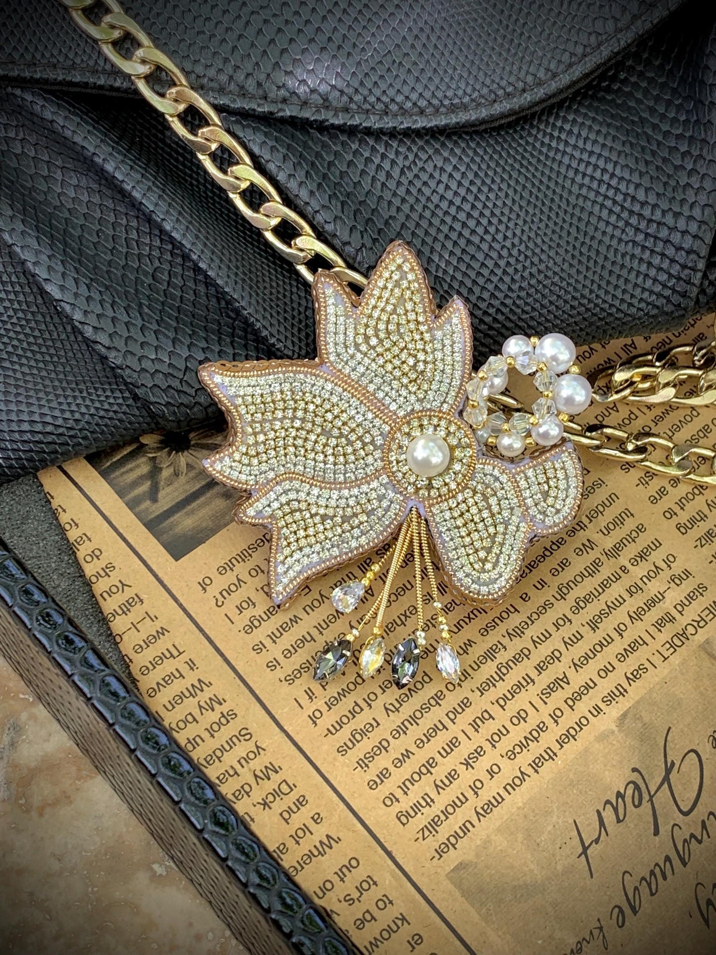 Handmade Beaded Maple Leaf Brooch | Pearl & Crystal Pin