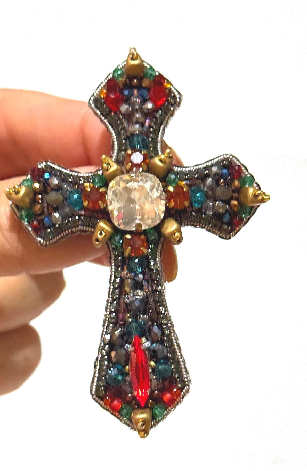 Handmade Beaded Cross Brooch: Colorful Swarovski Crystal Religious Pin