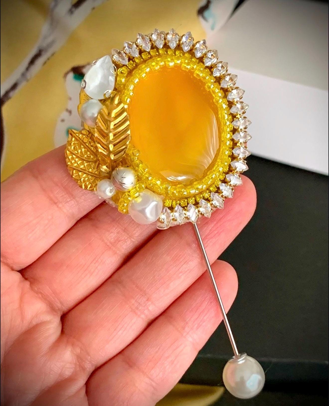 Elegant Yellow Agate Pin Brooch with Pearl and Crystal Details