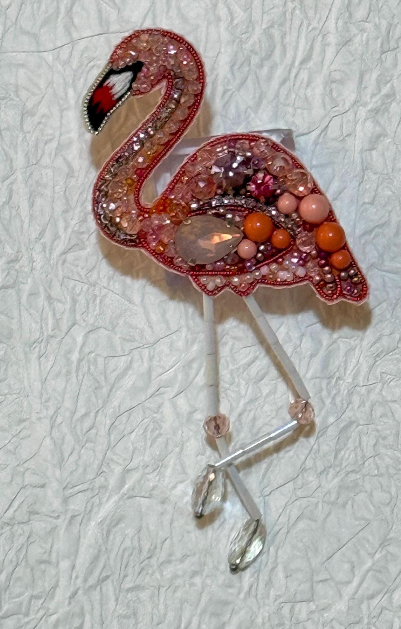 Handmade Beaded Flamingo Brooch: Pink Crystal Animal Lapel Pin