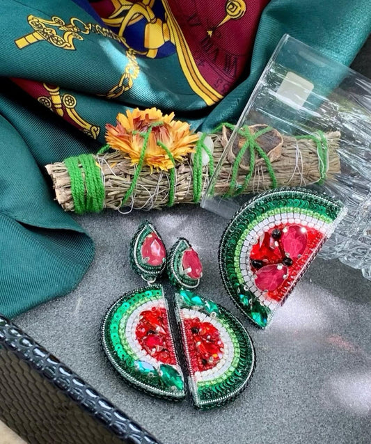 Handmade Watermelon Slice Earrings: Beaded Rhinestone Summer Jewelry