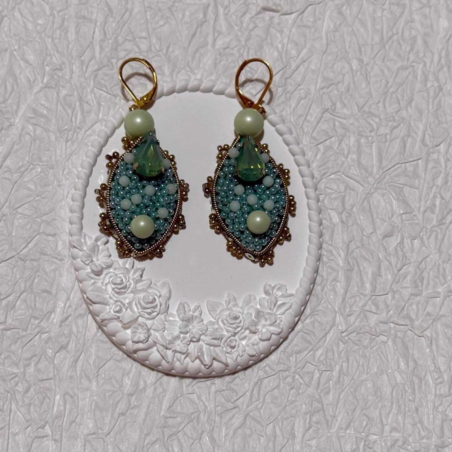 Handmade Beaded Dangle Earrings: Green Swarovski Crystals & Glass Pearls