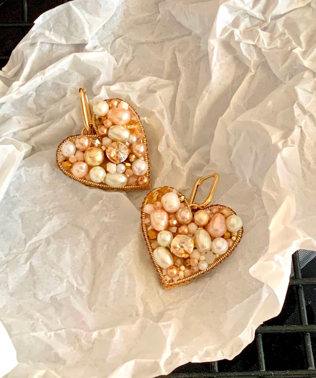 Handmade Beaded Heart Earrings: Pearl, Crystal & Gemstone Dangle Jewelry