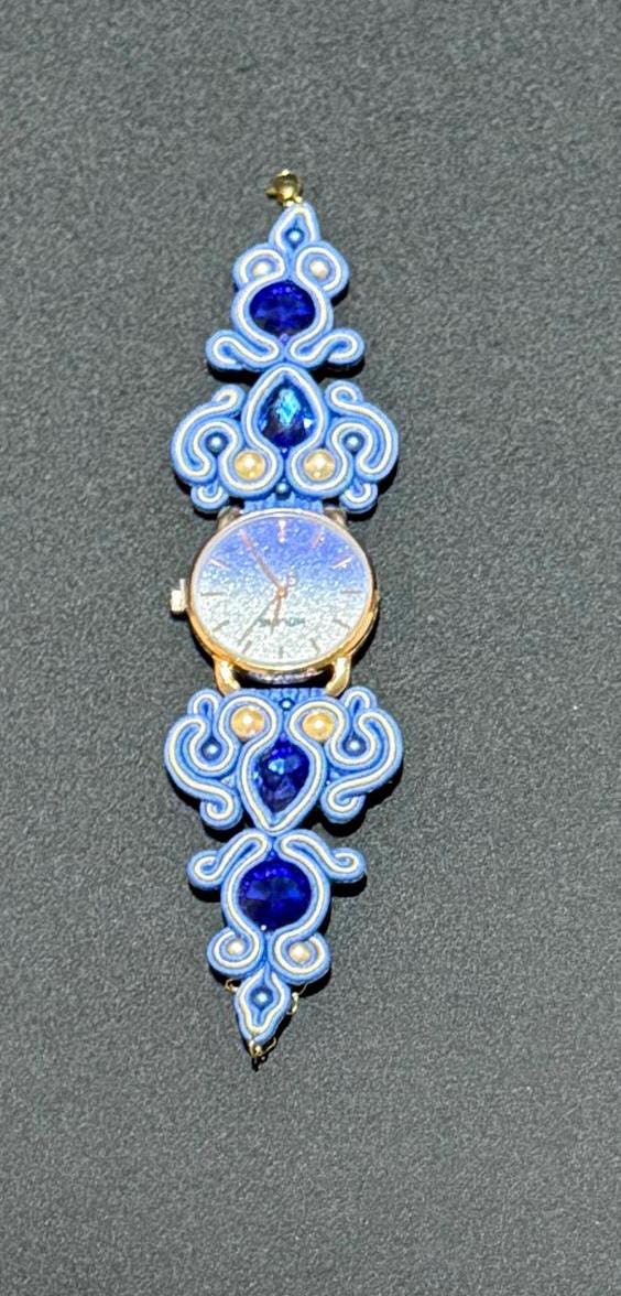 Handmade Soutache Watch: Blue Crystal Beaded Bracelet, Adjustable Strap