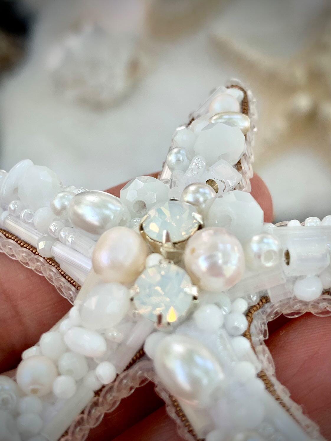 Handmade Beaded Starfish Brooch: Pearl & Crystal Coastal Pin