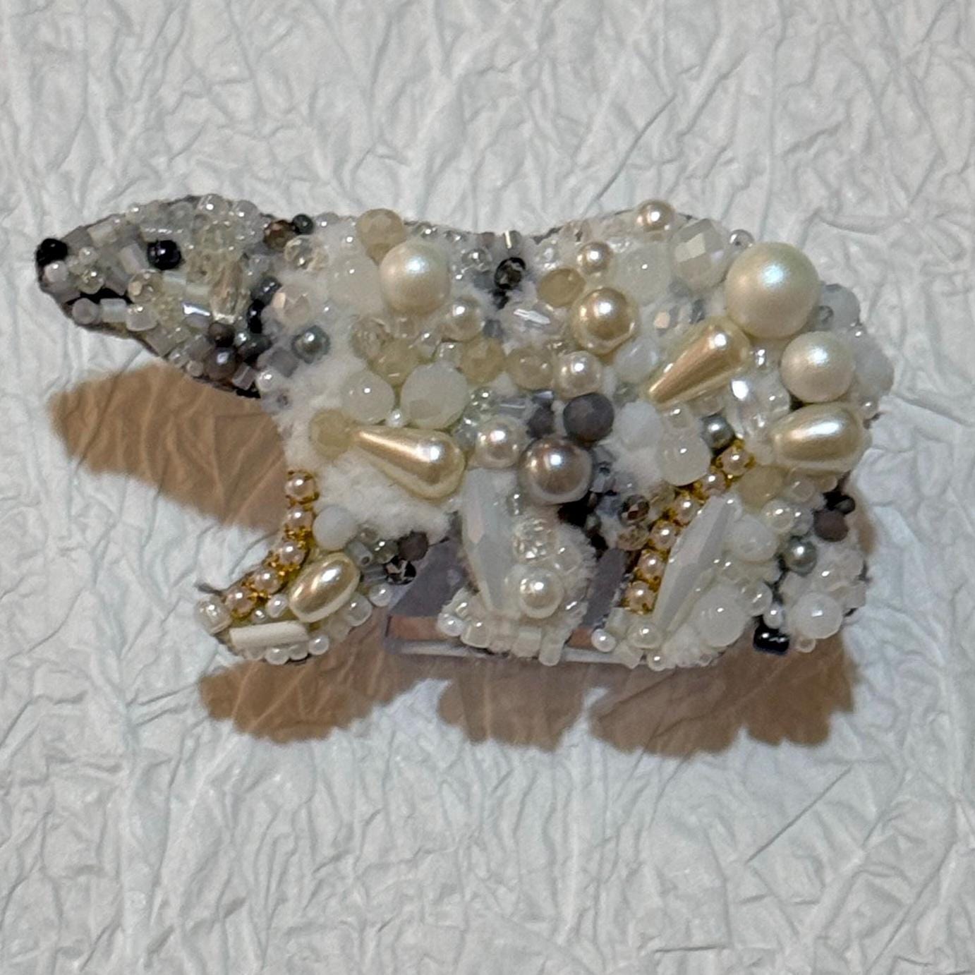 Handmade Polar Bear Brooch: Beaded Crystal Arctic Animal Jewelry