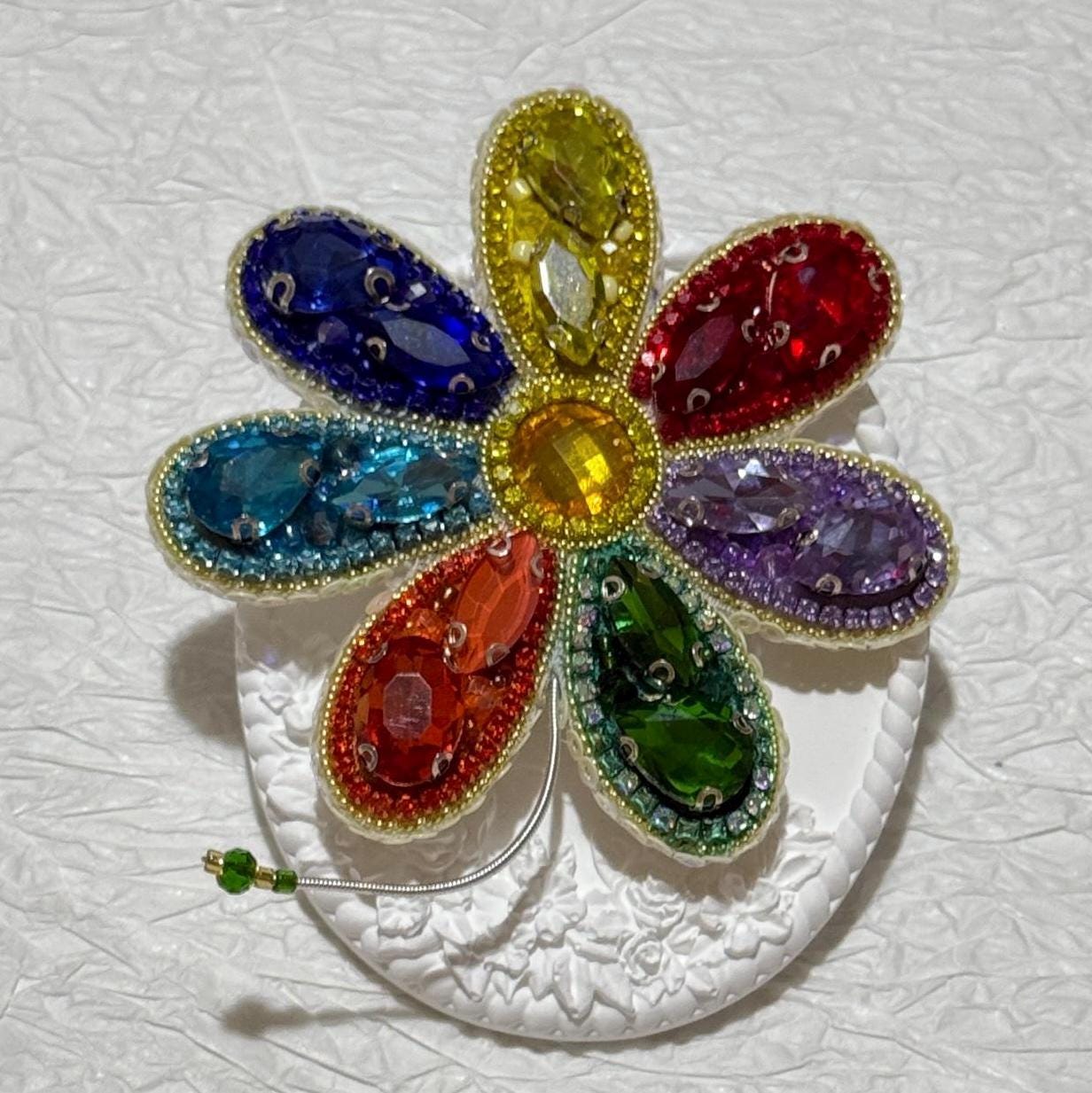 Handmade Rainbow Crystal Flower Brooch: Beaded Pride Pin