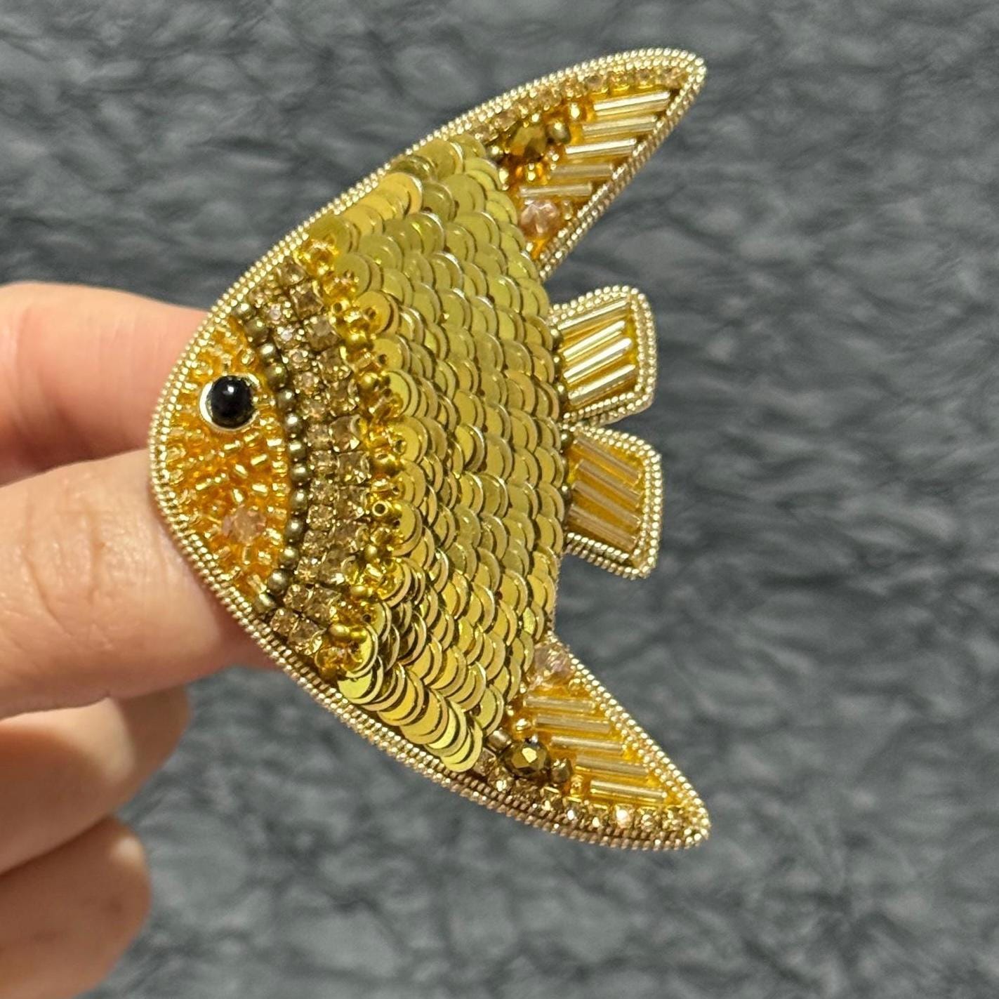 Handmade Beaded Fish Brooch: Gold Sequin Statement Pin