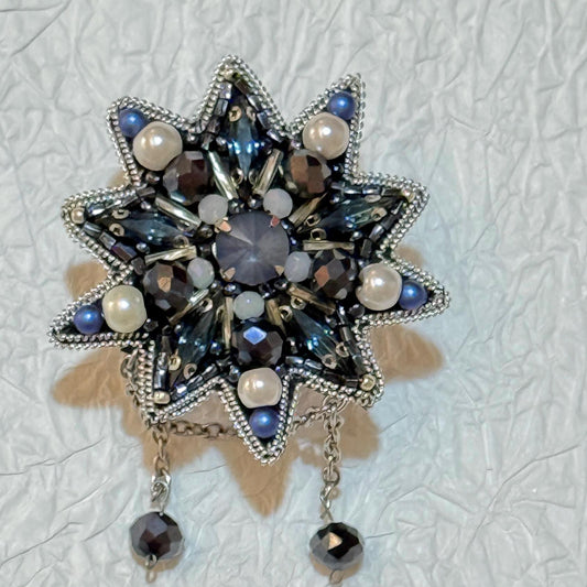 Handmade Blue Star Brooch: Crystal & Pearl Beaded Statement Jewelry