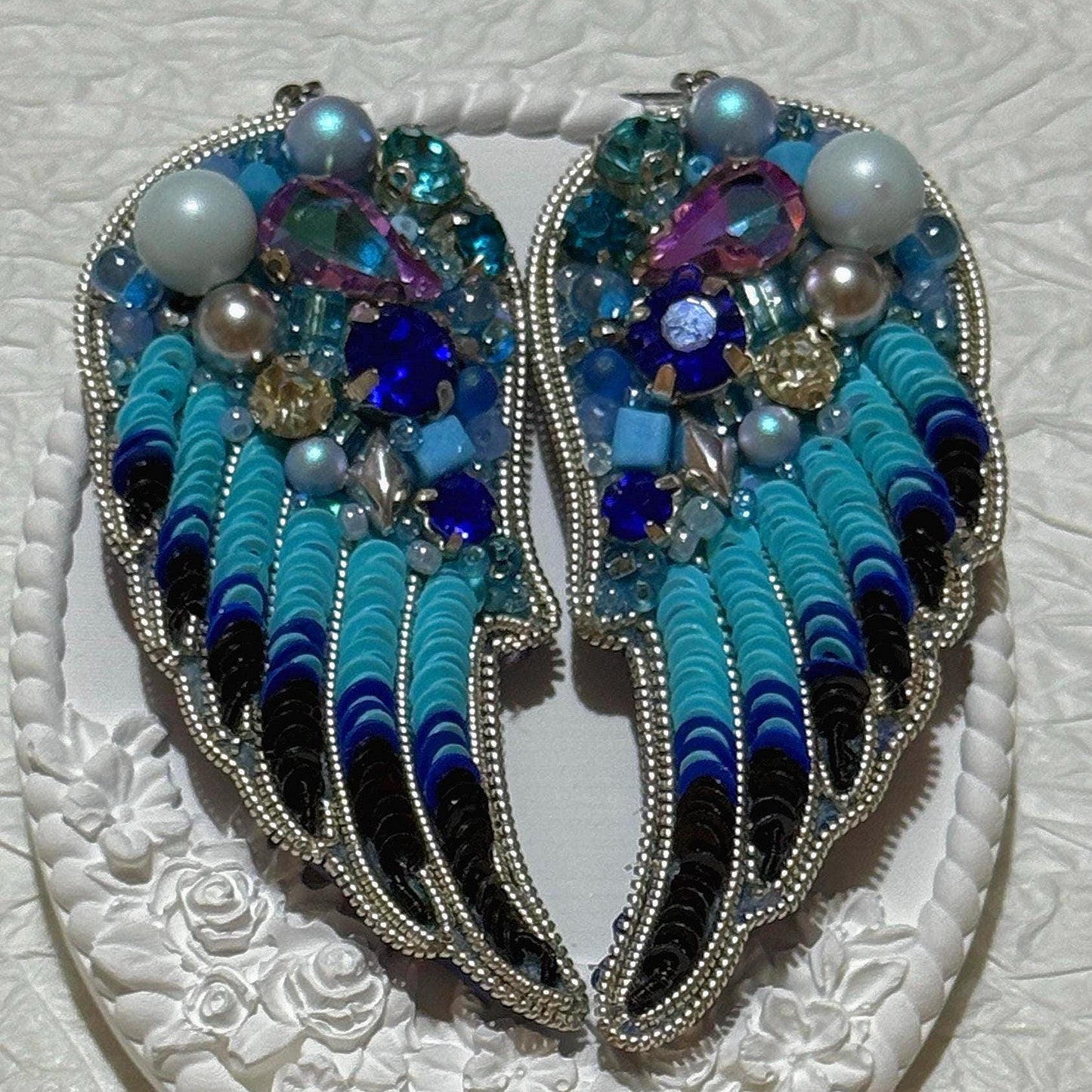 Handmade Beaded Angel Wing Earrings: Blue Crystal Statement Jewelry
