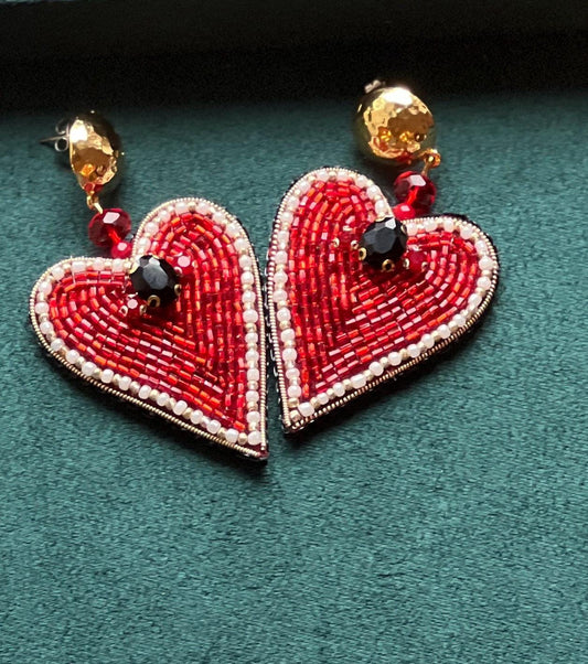 Handmade Red Heart Beaded Earrings: Pearl Crystal Statement Jewelry