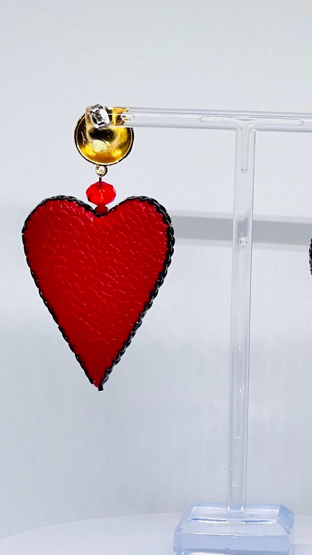 Handmade Red Heart Beaded Earrings: Pearl Crystal Statement Jewelry