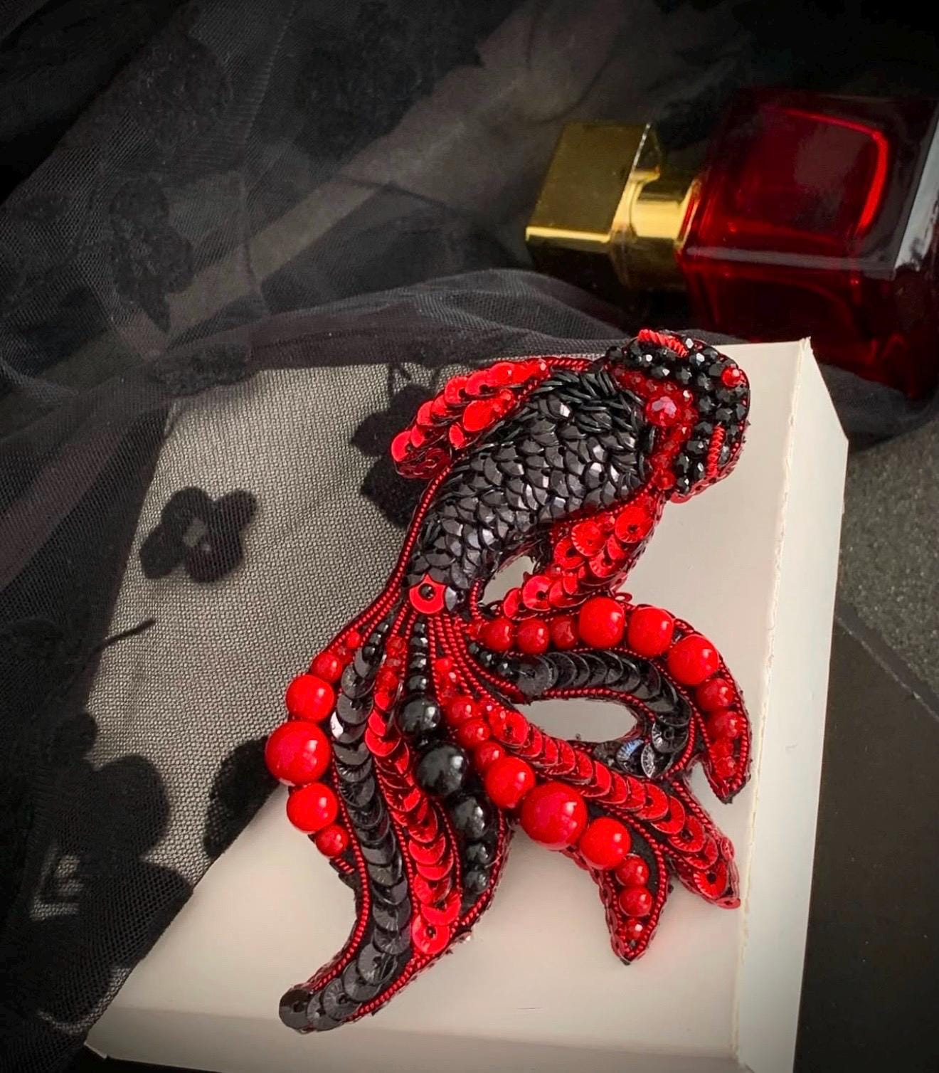 Handmade Beaded Koi Fish Brooch: Embroidered Red & Black Pin