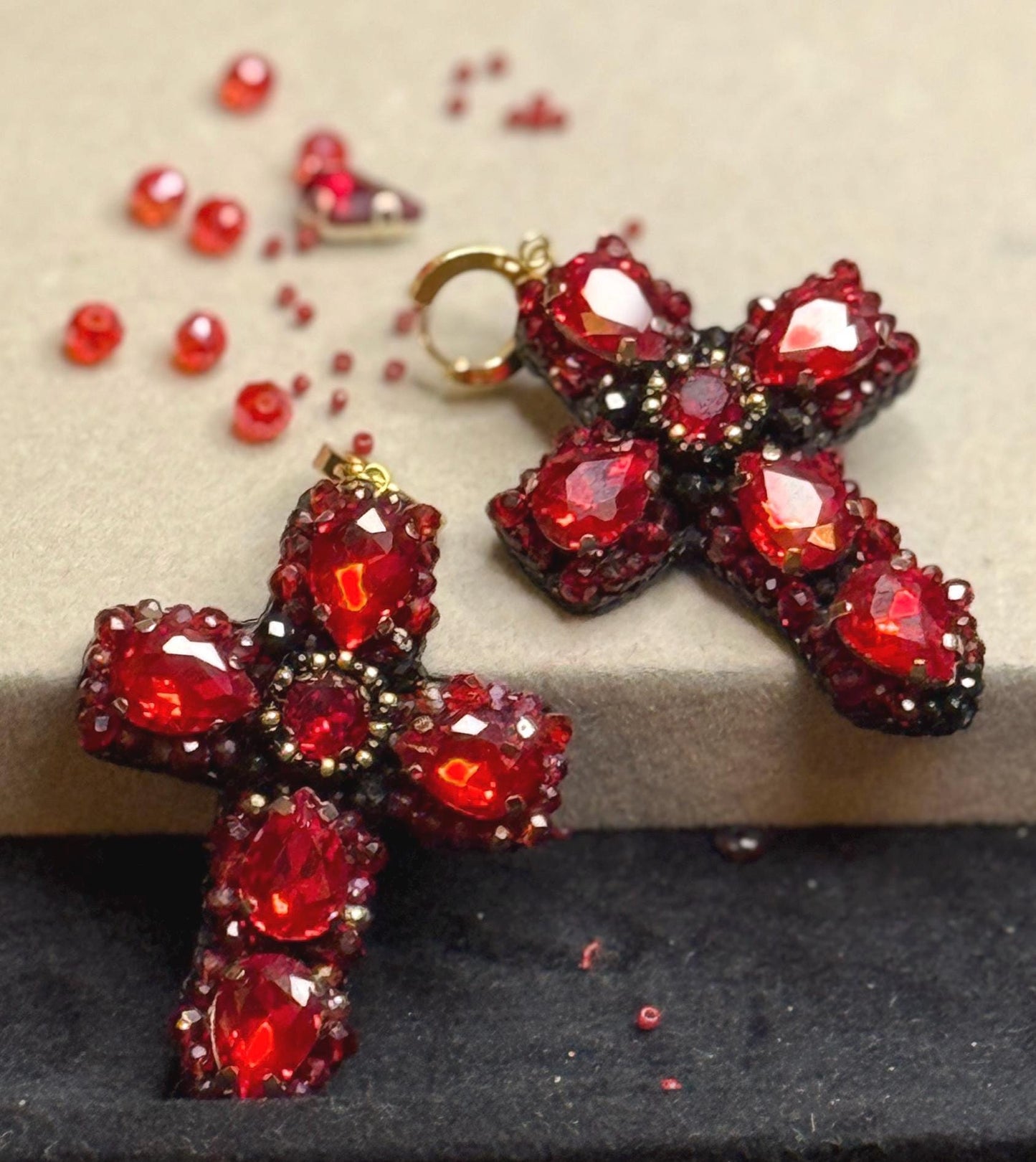 Handmade Red Crystal Cross Earrings: Gothic Religious Jewelry