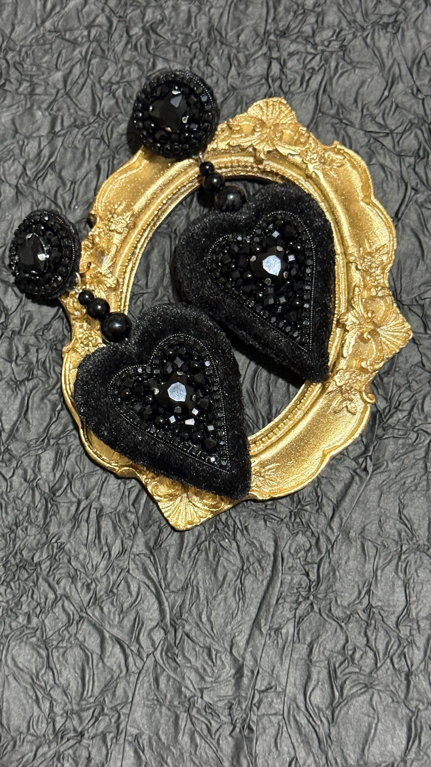 Handmade Black Velvet Heart Dangle Earrings: Gothic Beaded Jewelry