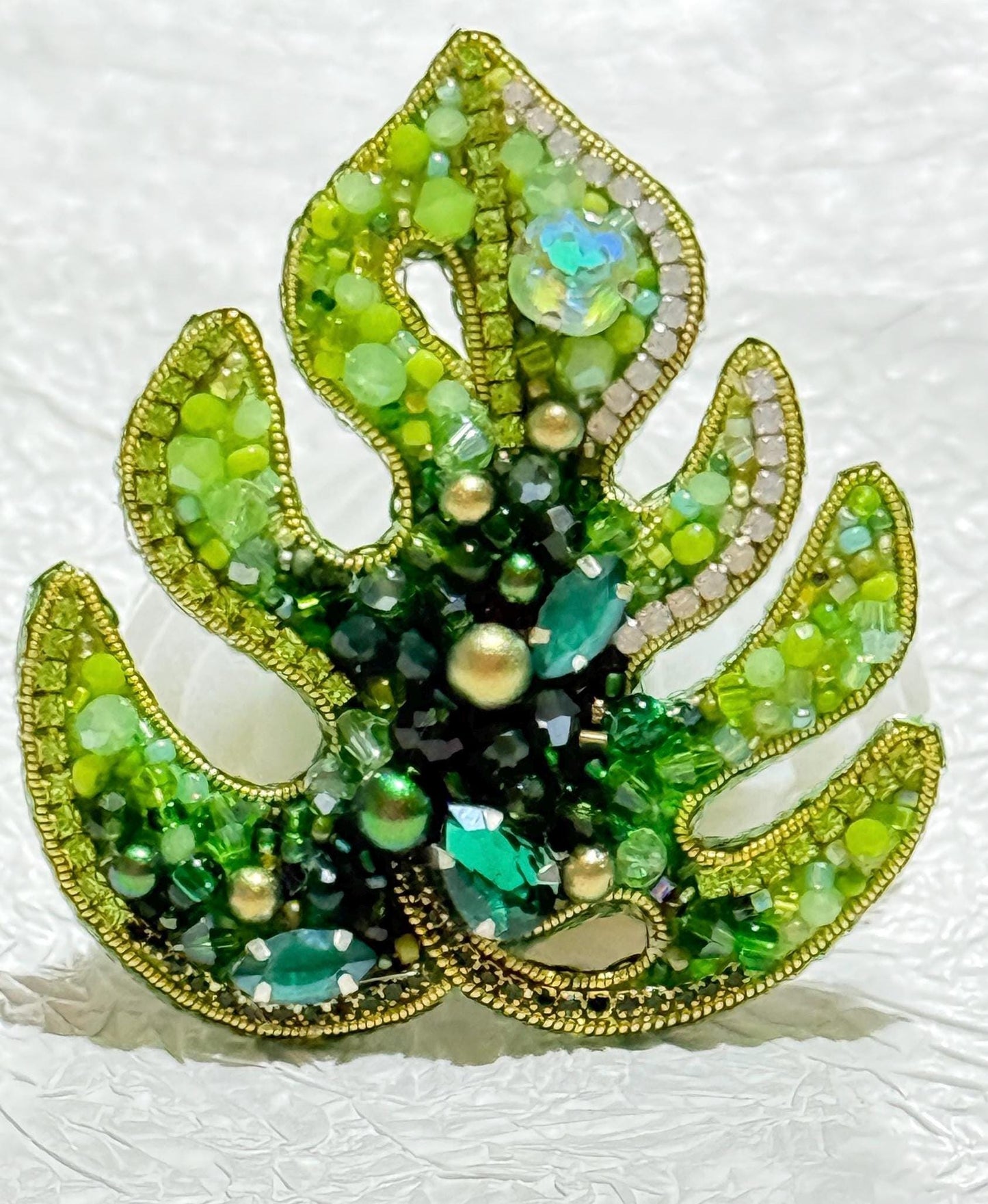 Handmade Green Leaf Brooch: Beaded Crystal Jungle Plant Pin