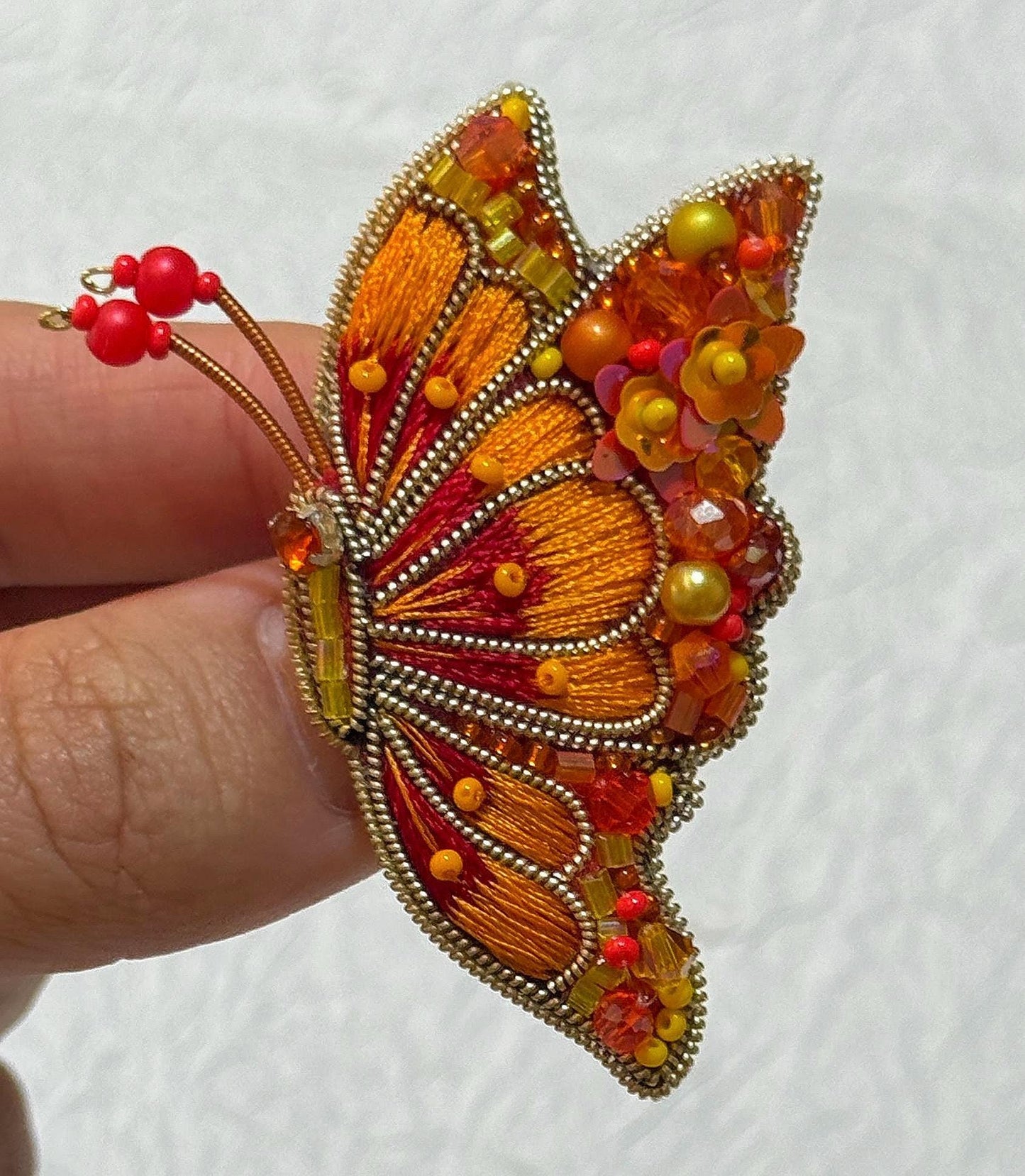 Handmade Beaded Butterfly Brooch: Embroidered Orange & Gold Pin