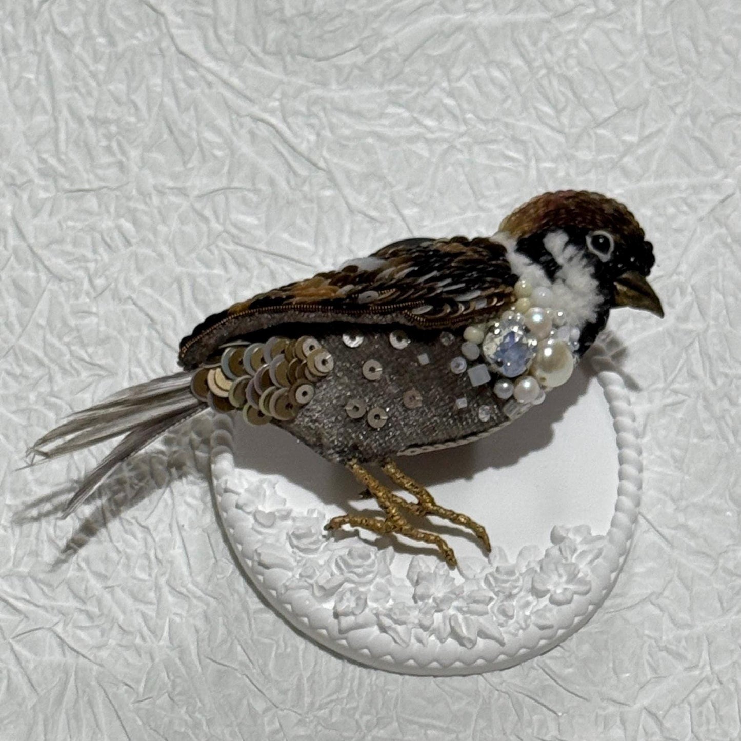 Handmade Beaded Sparrow Brooch: Sequins, Pearls, and Crystals