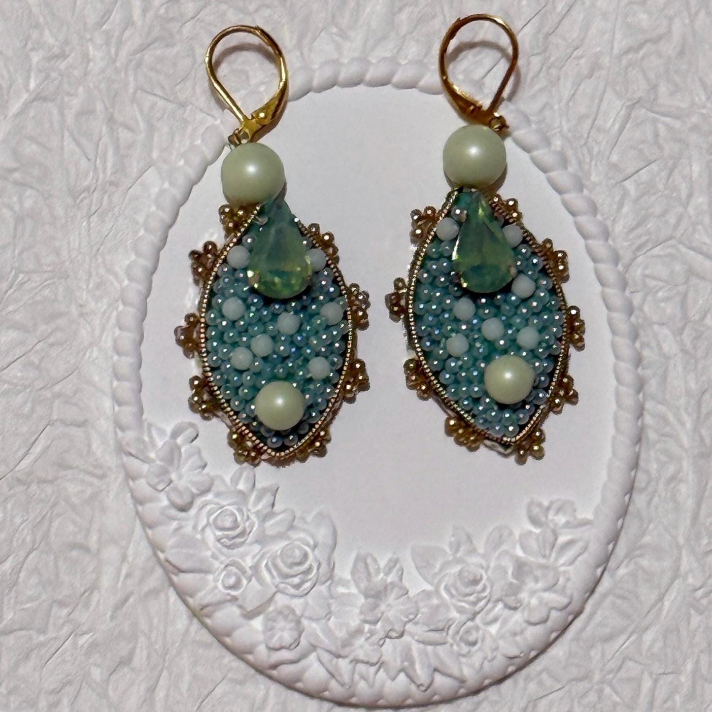 Handmade Beaded Dangle Earrings: Green Swarovski Crystals & Glass Pearls