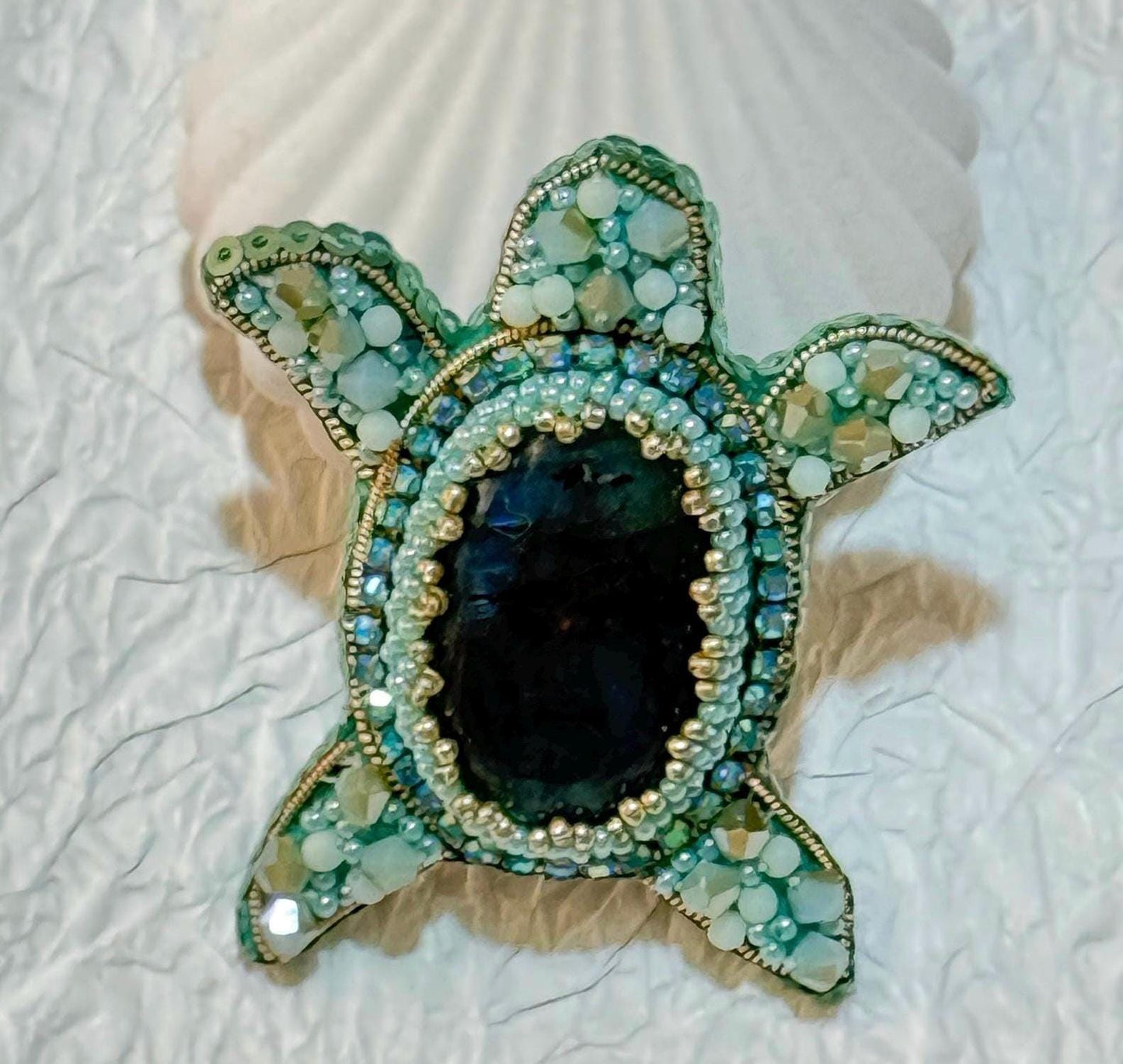 Handmade Beaded Turtle Brooch with Labradorite Stone | Ocean-Inspired Jewelry Gift | Unique Nature-Inspired Accessories