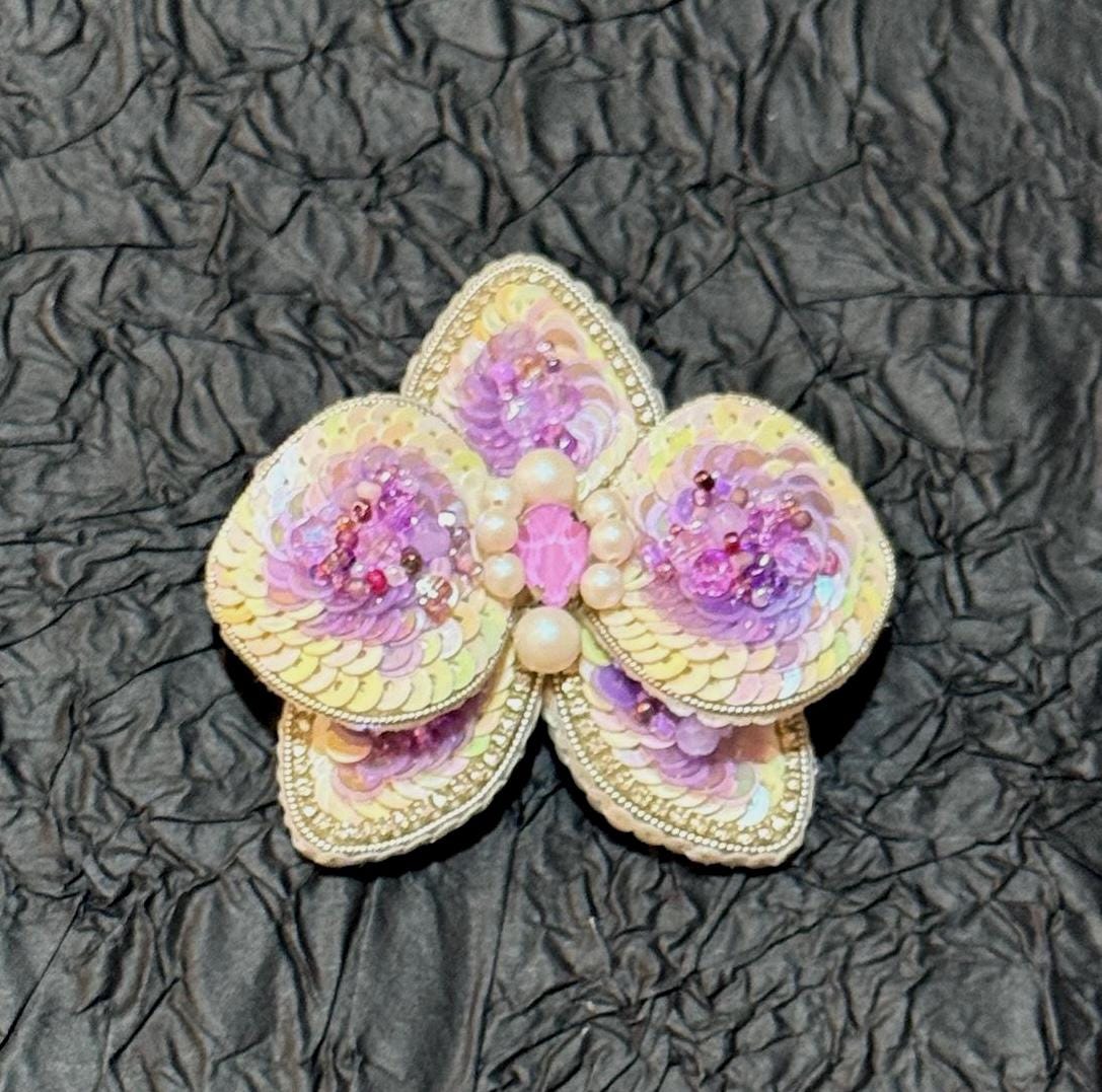 Handmade Beaded Orchid Brooch: Sequin Pearl Floral Pin