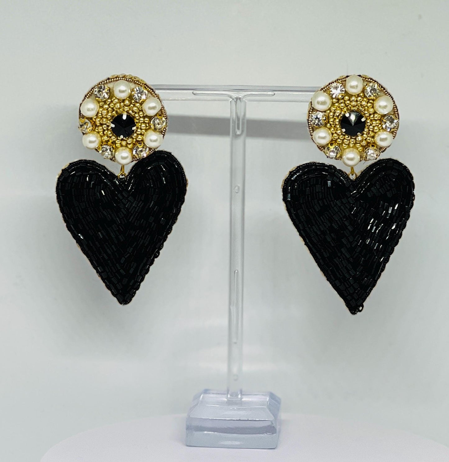 Black Heart Beaded Earrings: Handmade Pearl Crystal Statement Jewelry
