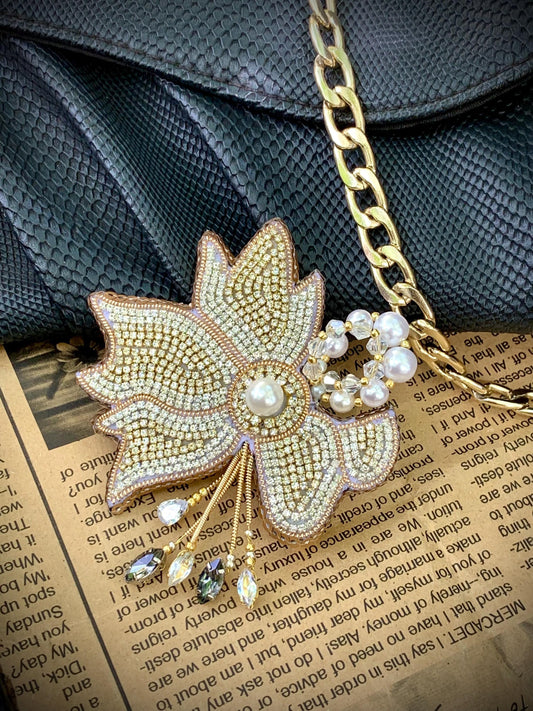 Handmade Beaded Maple Leaf Brooch | Pearl & Crystal Pin