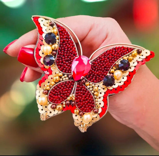 Handmade Red Butterfly Brooch: Beaded Pearl & Crystal Statement Pin