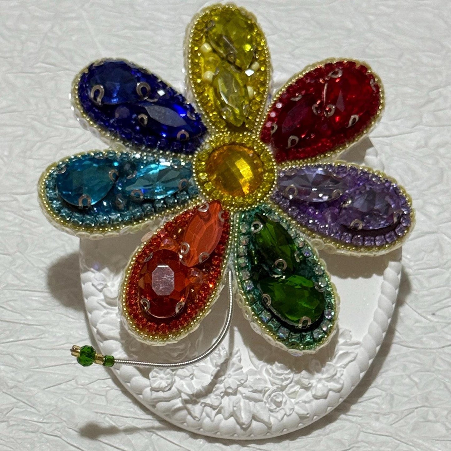 Handmade Rainbow Crystal Flower Brooch: Beaded Pride Pin
