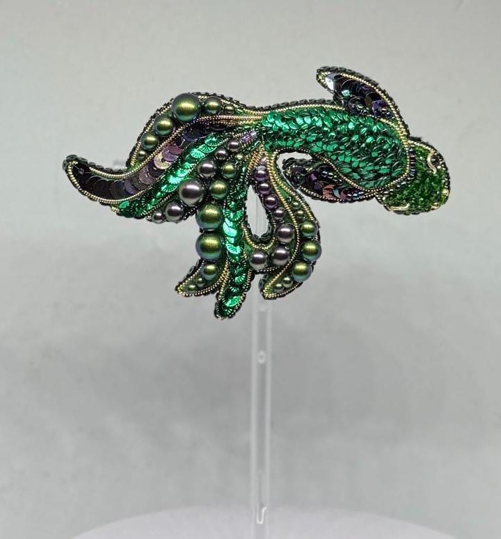 Handmade Beaded Fish Brooch: Embroidered Green Koi Pin