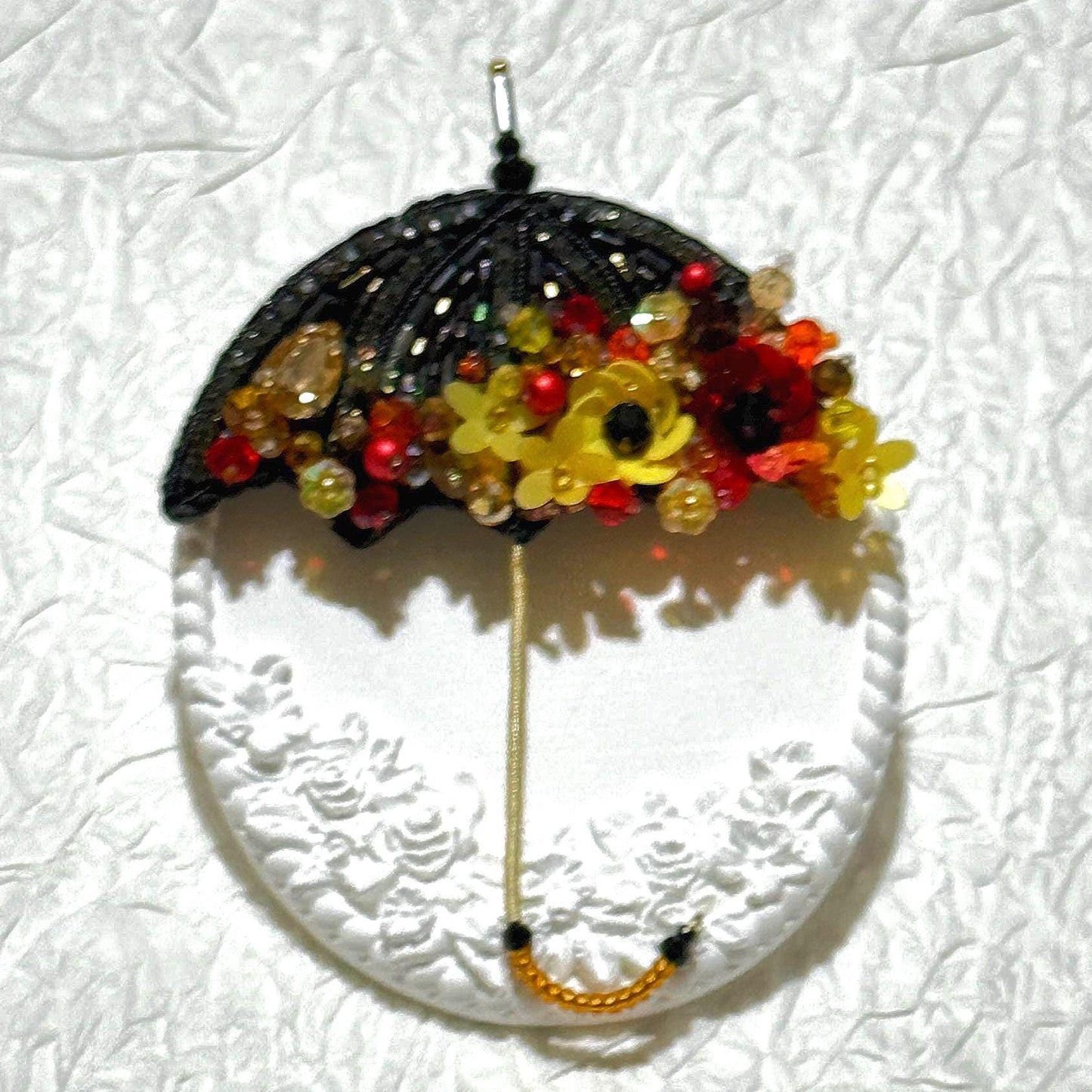 Handmade Beaded Umbrella Brooch: Floral Jewelry Pin with Yellow & Red Accents