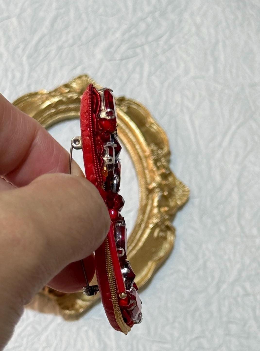 Handmade Red High Heel Brooch: Beaded Rhinestone Shoe Pin