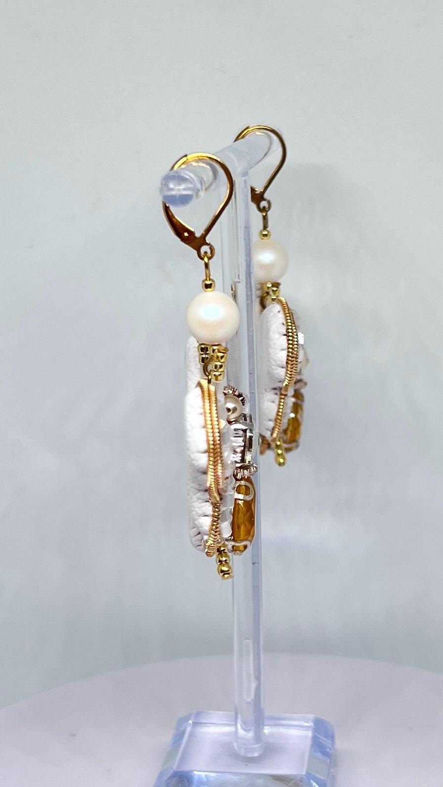 Handmade Beaded Bee Earrings: Opal Gemstone, White & Gold Jewelry