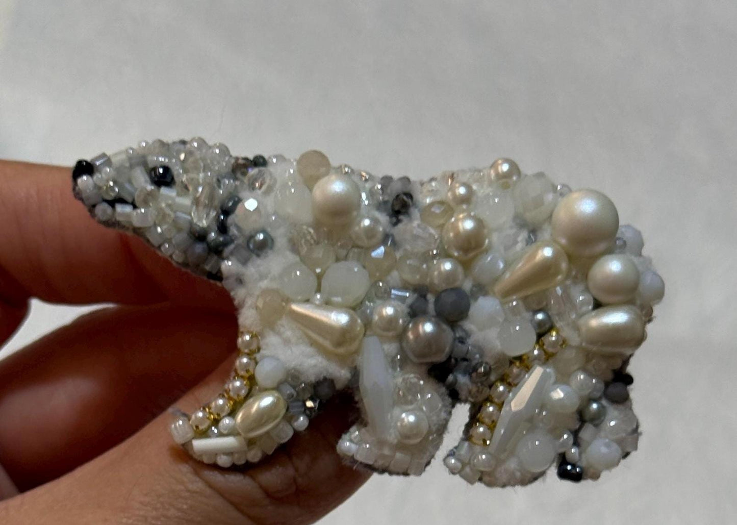 Handmade Polar Bear Brooch: Beaded Crystal Arctic Animal Jewelry