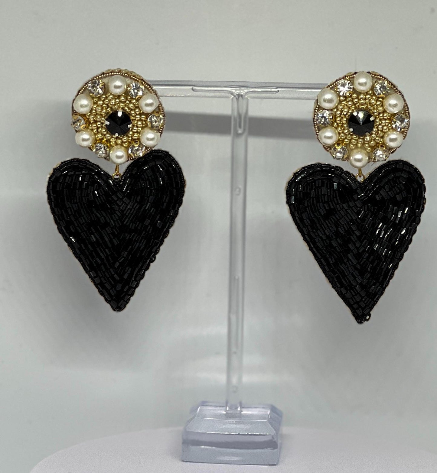 Black Heart Beaded Earrings: Handmade Pearl Crystal Statement Jewelry