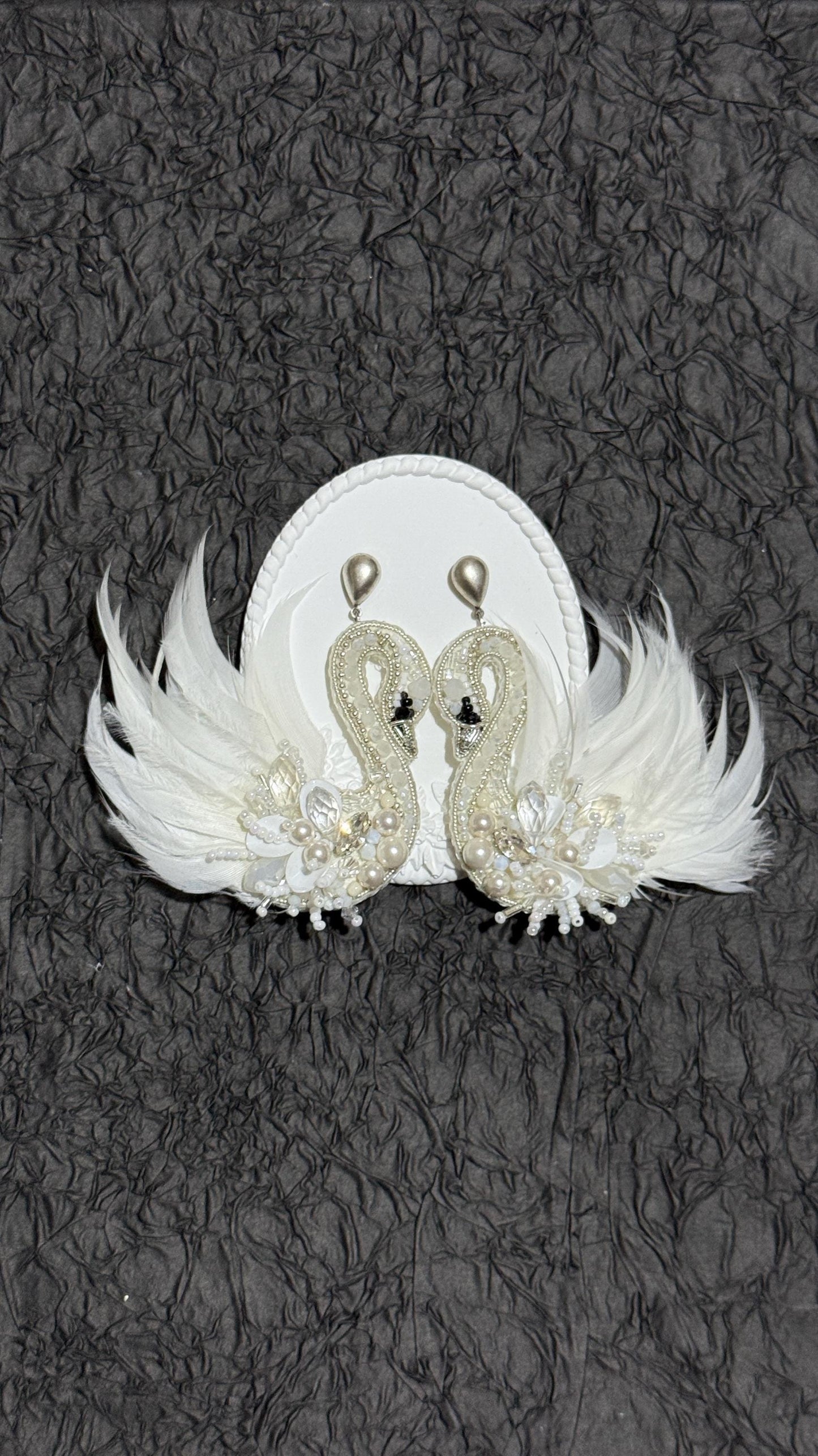 Handmade Swan Dangle Earrings: Pearl Feather Bridal Jewelry