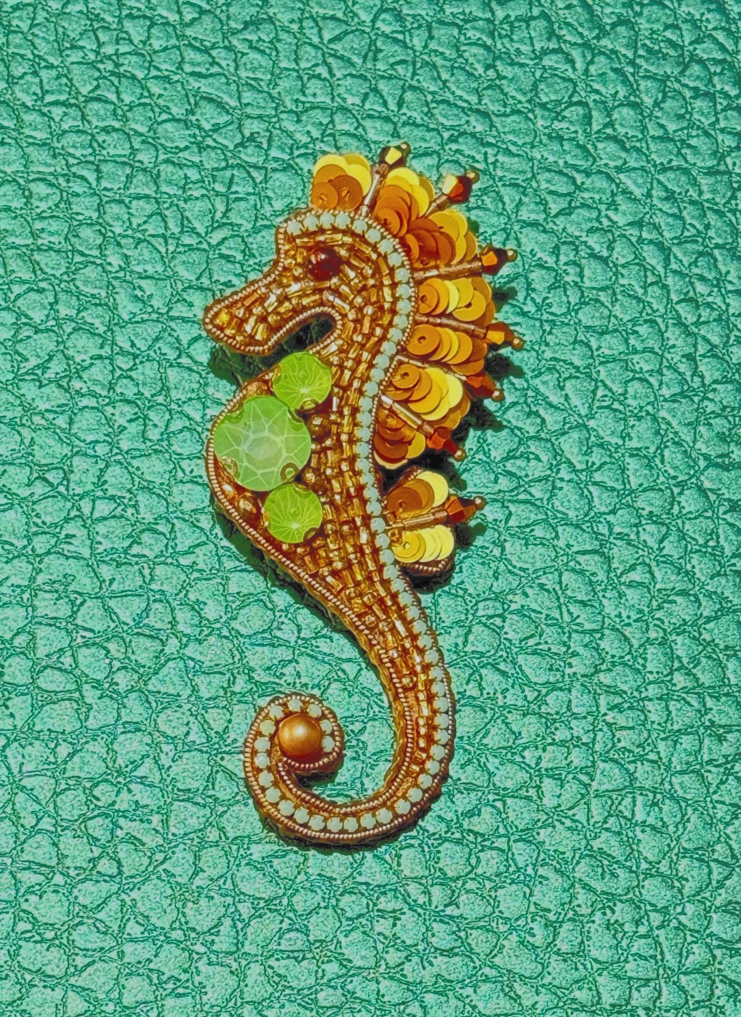 Handmade Gold Seahorse Brooch, Beaded Sea Life Jewelry