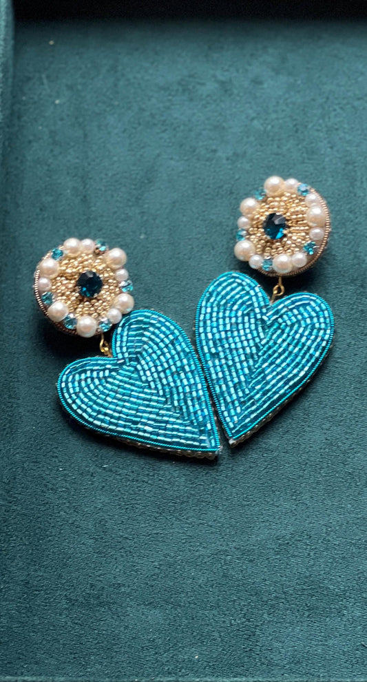 Handmade Blue Heart Earrings: Beaded Pearls & Crystals, Elegant Drop Earrings