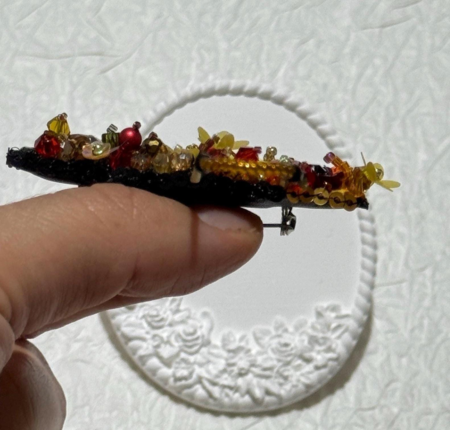 Handmade Beaded Umbrella Brooch: Floral Jewelry Pin with Yellow & Red Accents