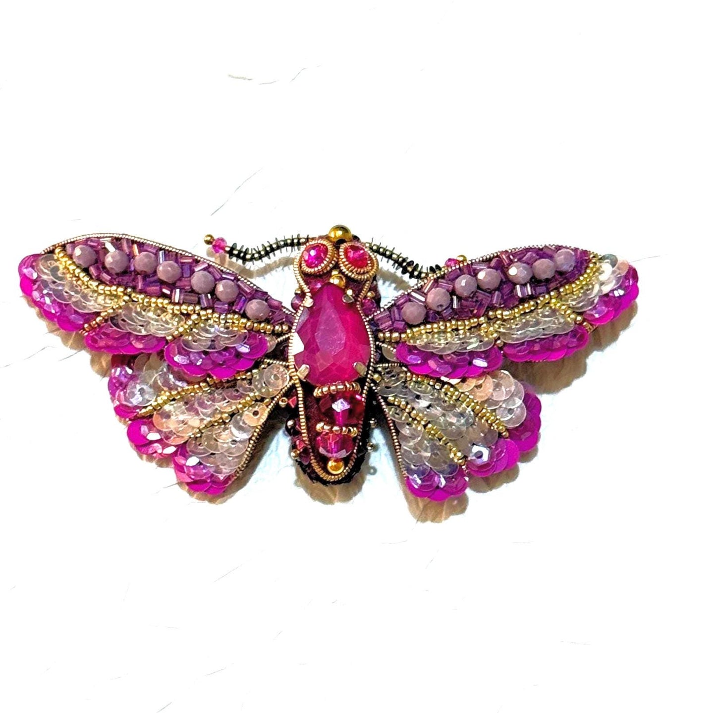 Handmade Beaded Moth Brooch: Crystal Embroidered Insect Pin