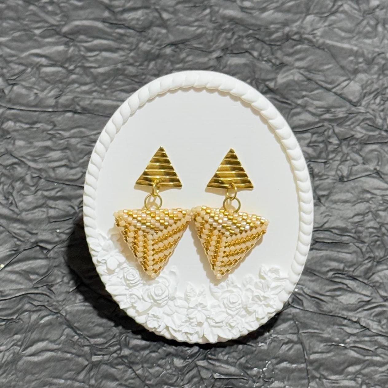 Handmade Beaded Triangle Dangle Earrings: Gold Geometric Statement