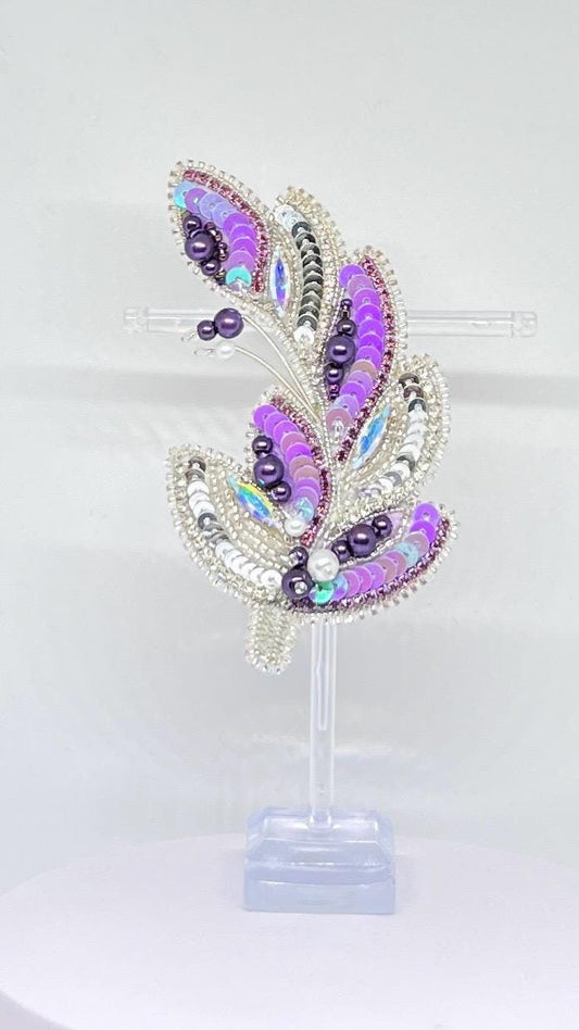 Handmade Beaded Feather Brooch: Purple Sequin & Pearl Embellished Pin