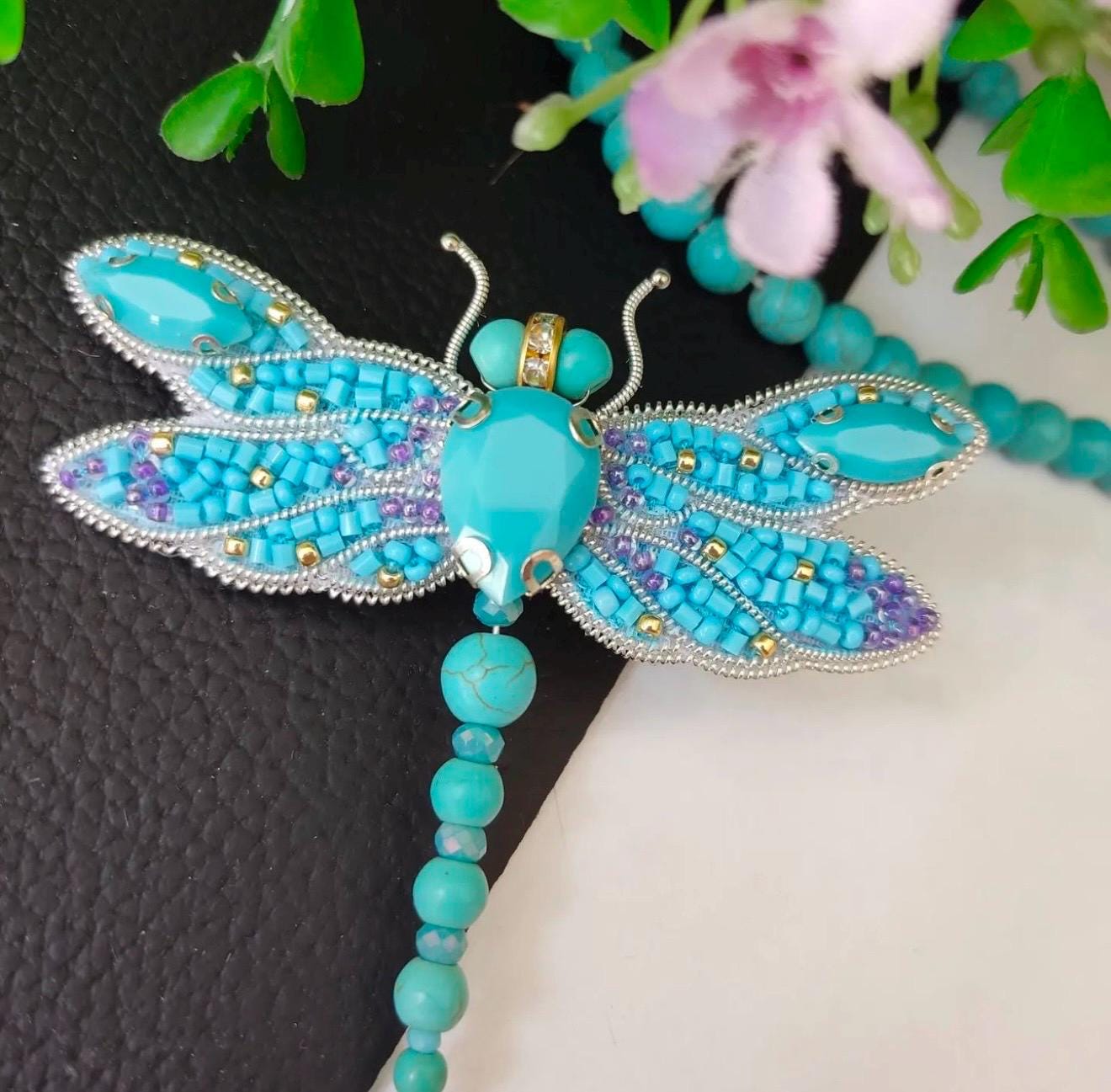 Handmade Turquoise Dragonfly Brooch: Beaded Crystal Statement Pin