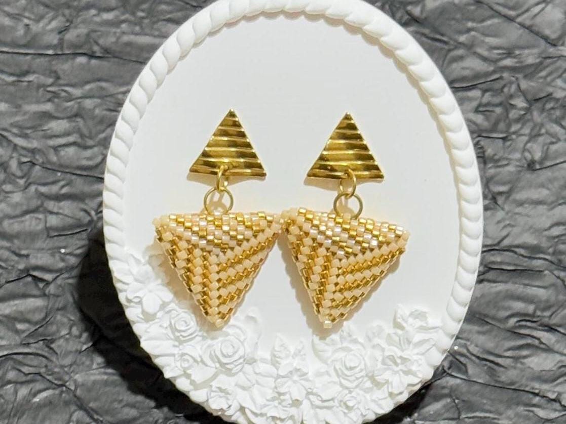Handmade Beaded Triangle Dangle Earrings: Gold Geometric Statement