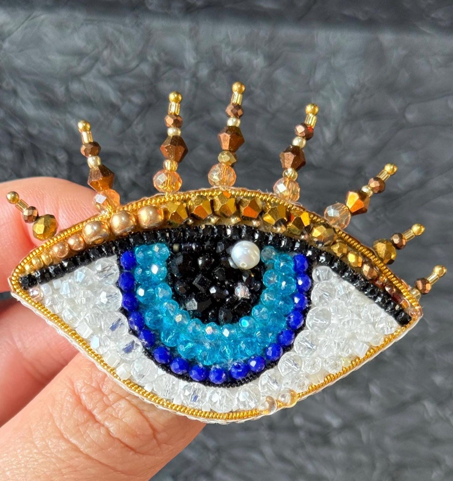 Handmade Beaded Evil Eye Brooch: Blue & Gold Amulet Pin