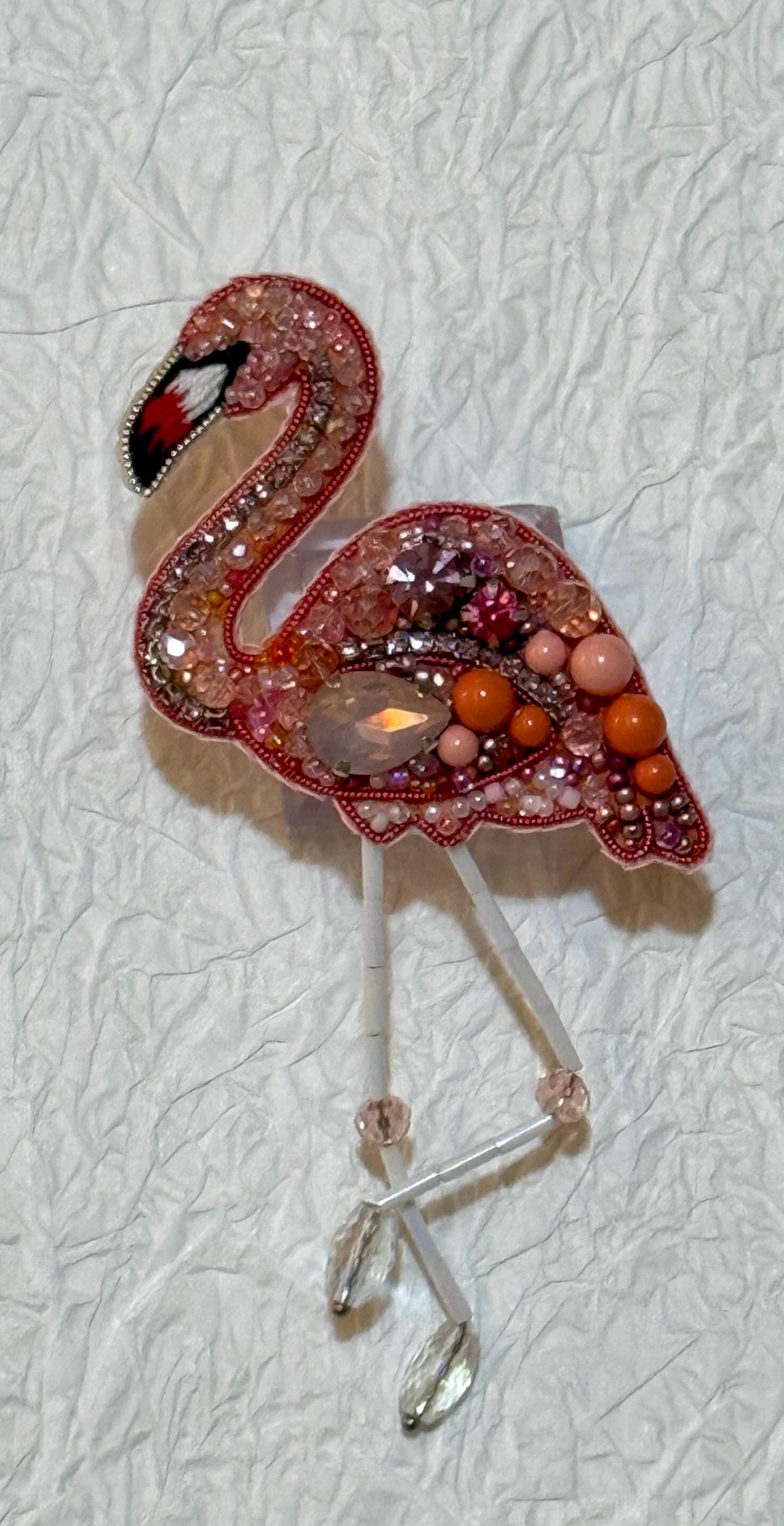 Handmade Beaded Flamingo Brooch: Pink Crystal Animal Lapel Pin