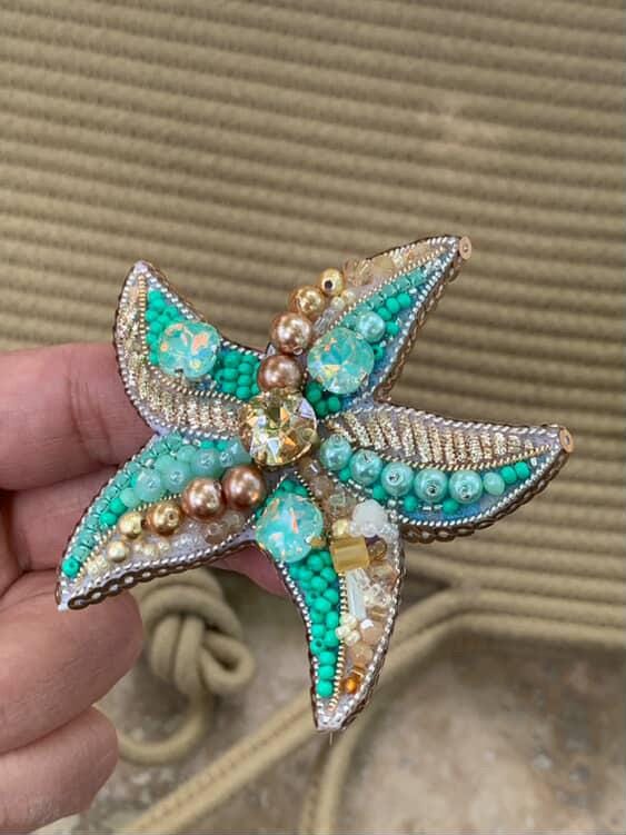 Handmade Starfish Brooch Beaded Pin in Turquoise Gold | Ocean-Inspired Jewellery | Summer Beach Gift | Coastal Fashion Accessory