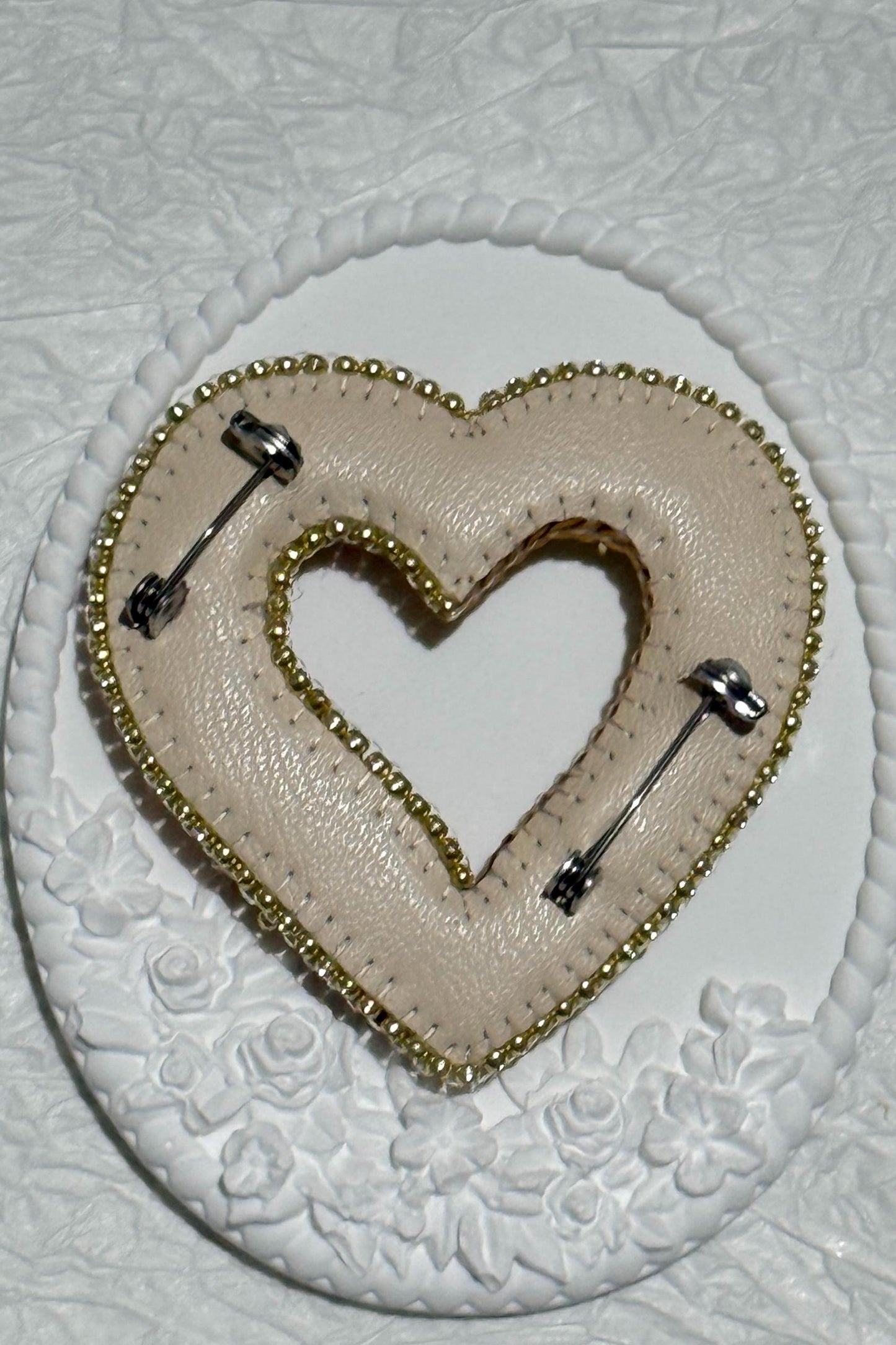 Handmade Beaded Heart Brooch: Gold & Red Valentine's Day Pin