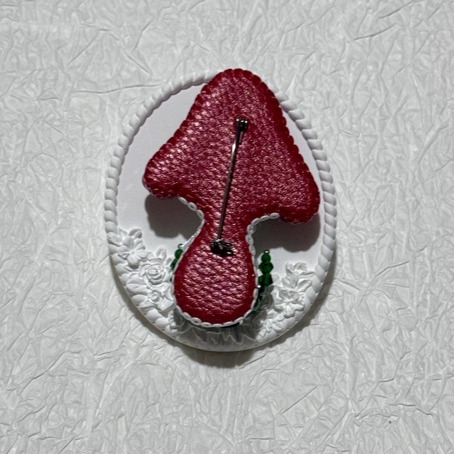 Handmade Beaded Mushroom Brooch: Pearl & Crystal Toadstool Pin