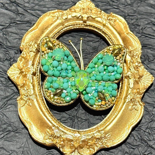 Handmade Green Crystal Butterfly Brooch: Beaded Statement Pin